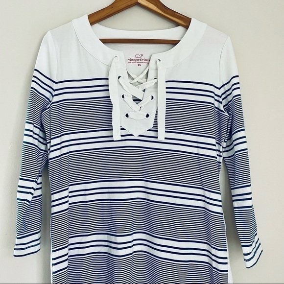 Vineyard Vines Blue White 3/4 Sleeve Striped Cotton Blend Lace Up Dress - Picture 11 of 14